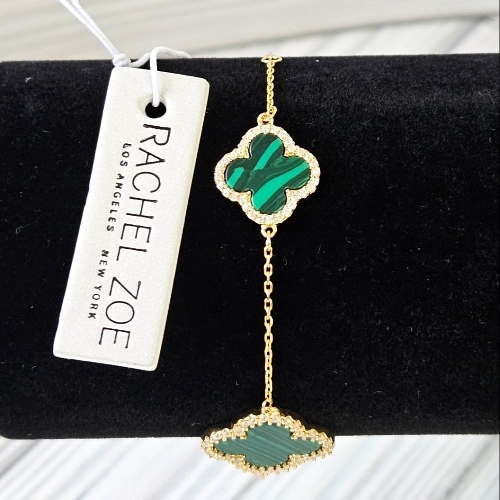 Rachel Zoe 3 Clover Alhambra Bracelet in GP Sterling Silver and Malachite NWT - Picture 6 of 8